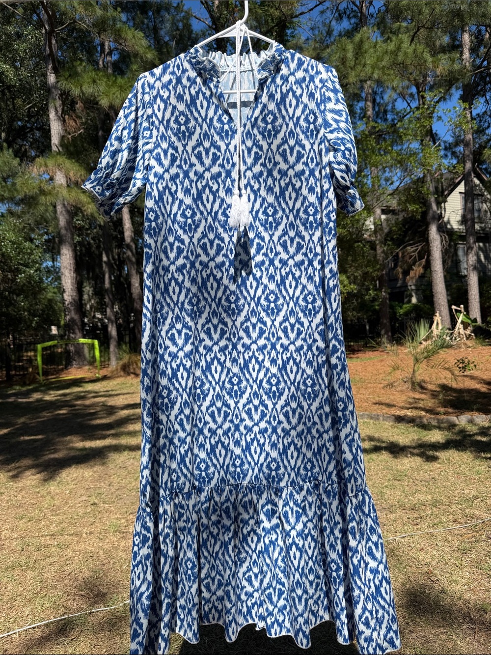 Blue Ikat Tie-Neck Maxi Dress - Women